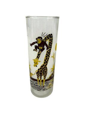 Vintage Federal giraffe Monkey Glass Tumbler Jungle Theme Palm Trees 6.75”